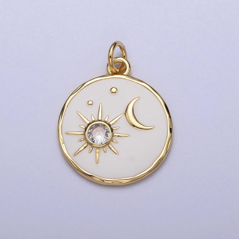14k gold filled white enamel celestial sun crescent moon round coin charm  e651