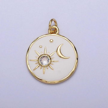 14k gold filled white enamel celestial sun crescent moon round coin charm  e651