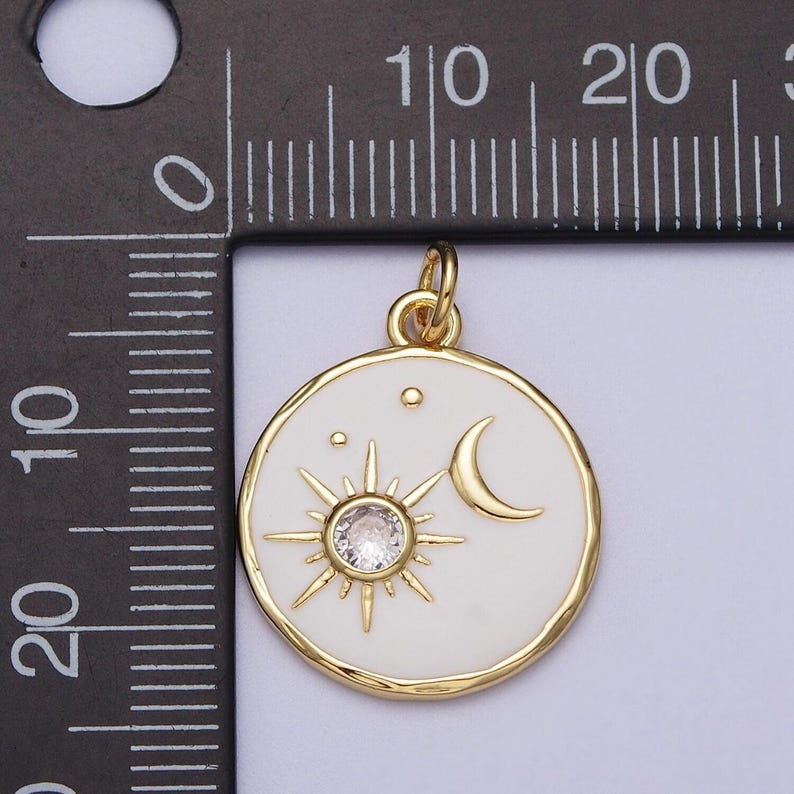 14k gold filled white enamel celestial sun crescent moon round coin charm  e651