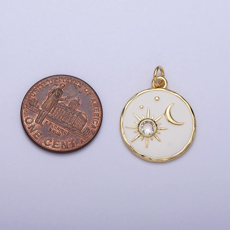 14k gold filled white enamel celestial sun crescent moon round coin charm  e651