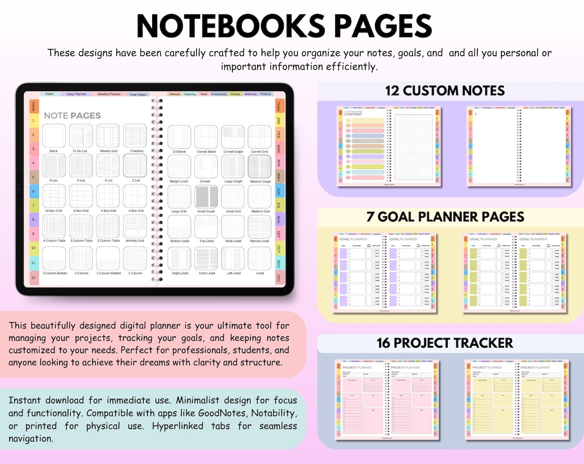All-in-One Digital Planner 2025 2026 2027, Hyperlink Digital Planner, Daily Weekly Monthly Journal, Goodnotes Planner, Apple Google Calendar