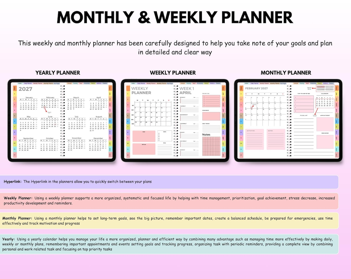 All-in-One Digital Planner 2025 2026 2027, Hyperlink Digital Planner, Daily Weekly Monthly Journal, Goodnotes Planner, Apple Google Calendar