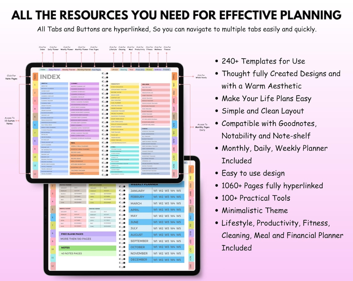 All-in-One Digital Planner 2025 2026 2027, Hyperlink Digital Planner, Daily Weekly Monthly Journal, Goodnotes Planner, Apple Google Calendar