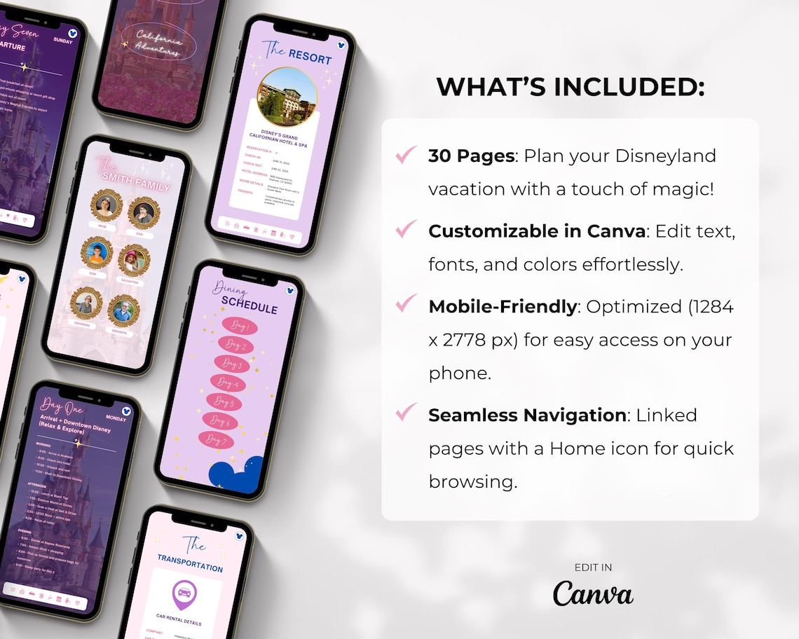 Disneyland Vacation Travel Digital Itinerary, Family Travel, Travel Agent Agency, Trip Itinerary, Disney Mobile Itinerary, Travel Guide