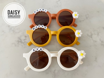 Floral Daisy Girls Personalized Name Premium UV400 Protection Sunglasses Toddlers Kids Babies Leather Case 4, 5, 6 Year Old Birthday Gift