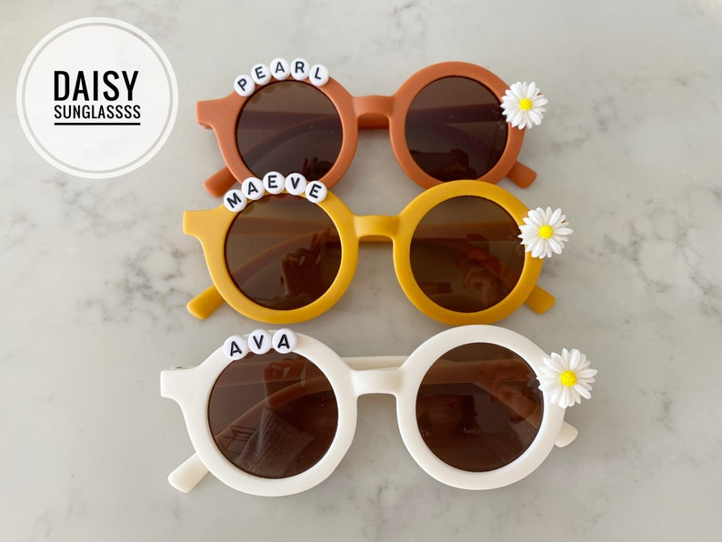 Floral Daisy Girls Personalized Name Premium UV400 Protection Sunglasses Toddlers Kids Babies Leather Case 4, 5, 6 Year Old Birthday Gift