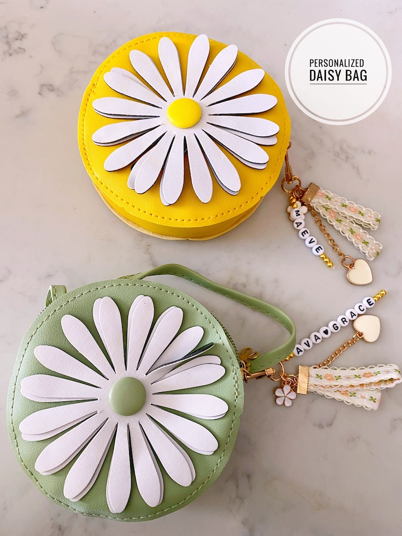 Girls Personalized Name Handbag Daisy Flower First Purse School Bag Princess Toddlers Kids Babies 4, 5, 6 Year Old Birthday Graduation Gift