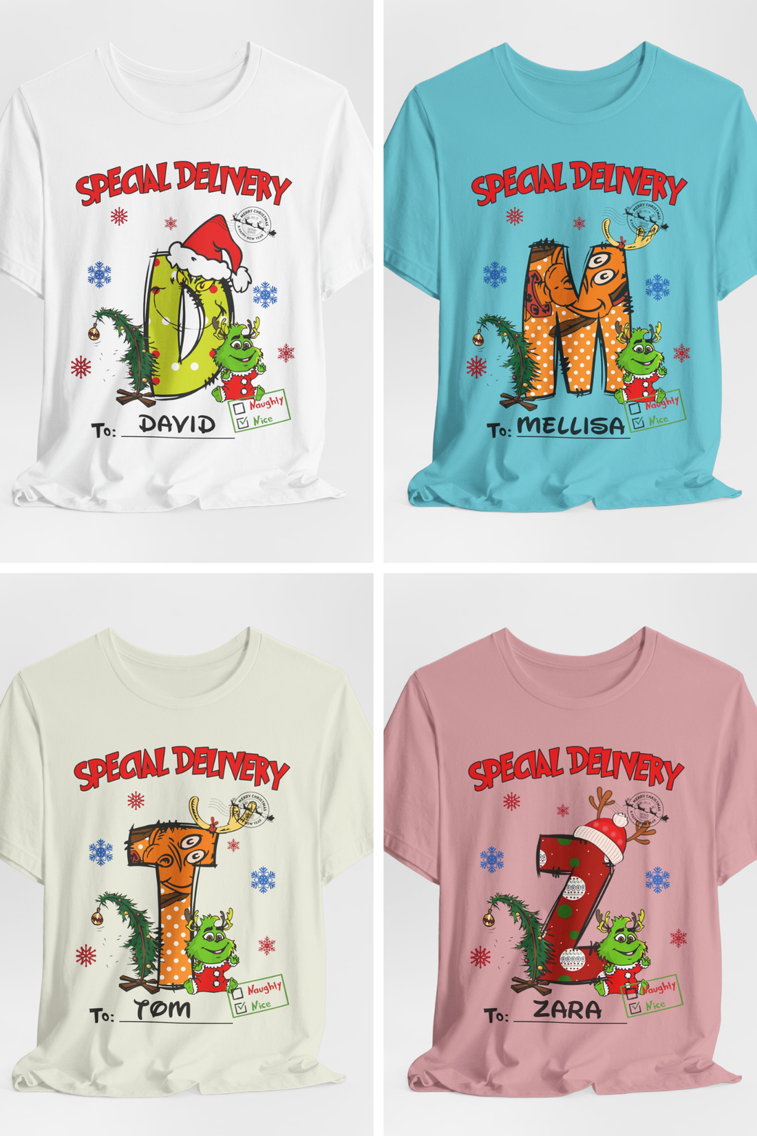 Special Delivery Christmas Letter Shirt – Personalized Name Tee, Custom Alphabet Xmas Gift, Naughty or Nice Check T-Shirt for Kids & Family