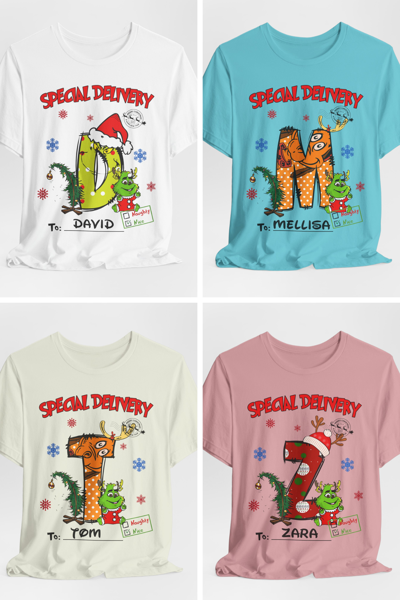 Special Delivery Christmas Letter Shirt – Personalized Name Tee, Custom Alphabet Xmas Gift, Naughty or Nice Check T-Shirt for Kids & Family