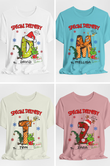Special Delivery Christmas Letter Shirt – Personalized Name Tee, Custom Alphabet Xmas Gift, Naughty or Nice Check T-Shirt for Kids & Family