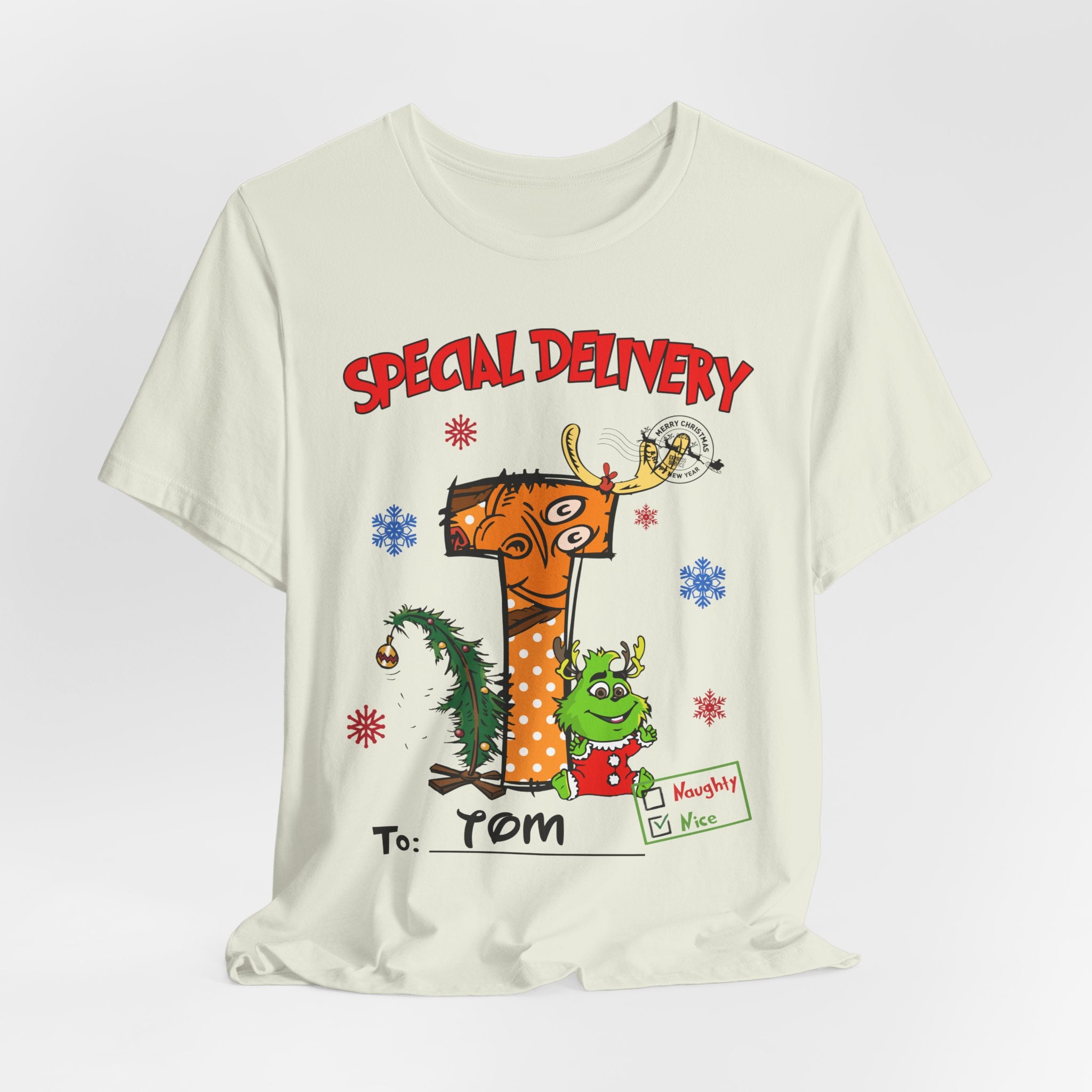 Special Delivery Christmas Letter Shirt – Personalized Name Tee, Custom Alphabet Xmas Gift, Naughty or Nice Check T-Shirt for Kids & Family