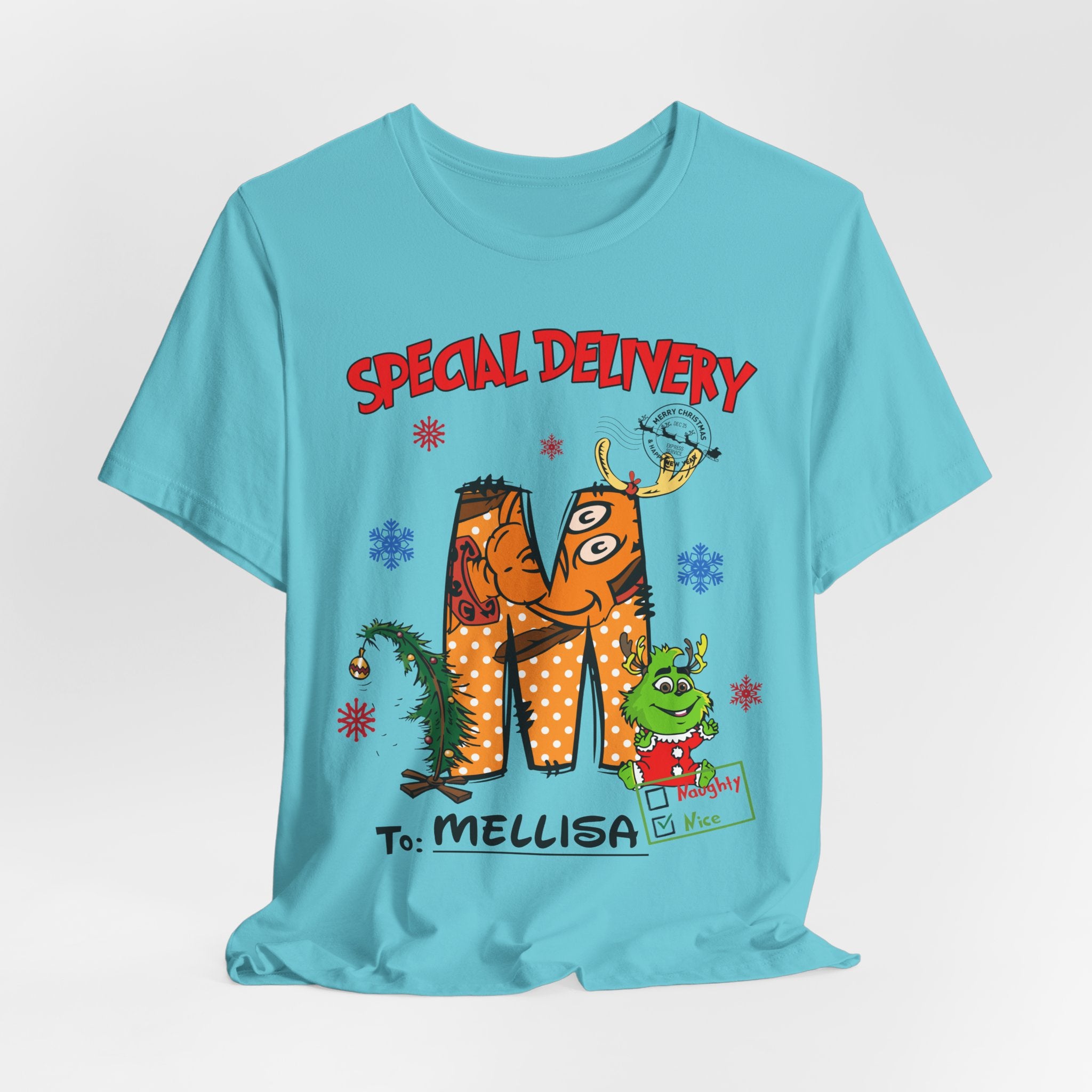 Special Delivery Christmas Letter Shirt – Personalized Name Tee, Custom Alphabet Xmas Gift, Naughty or Nice Check T-Shirt for Kids & Family