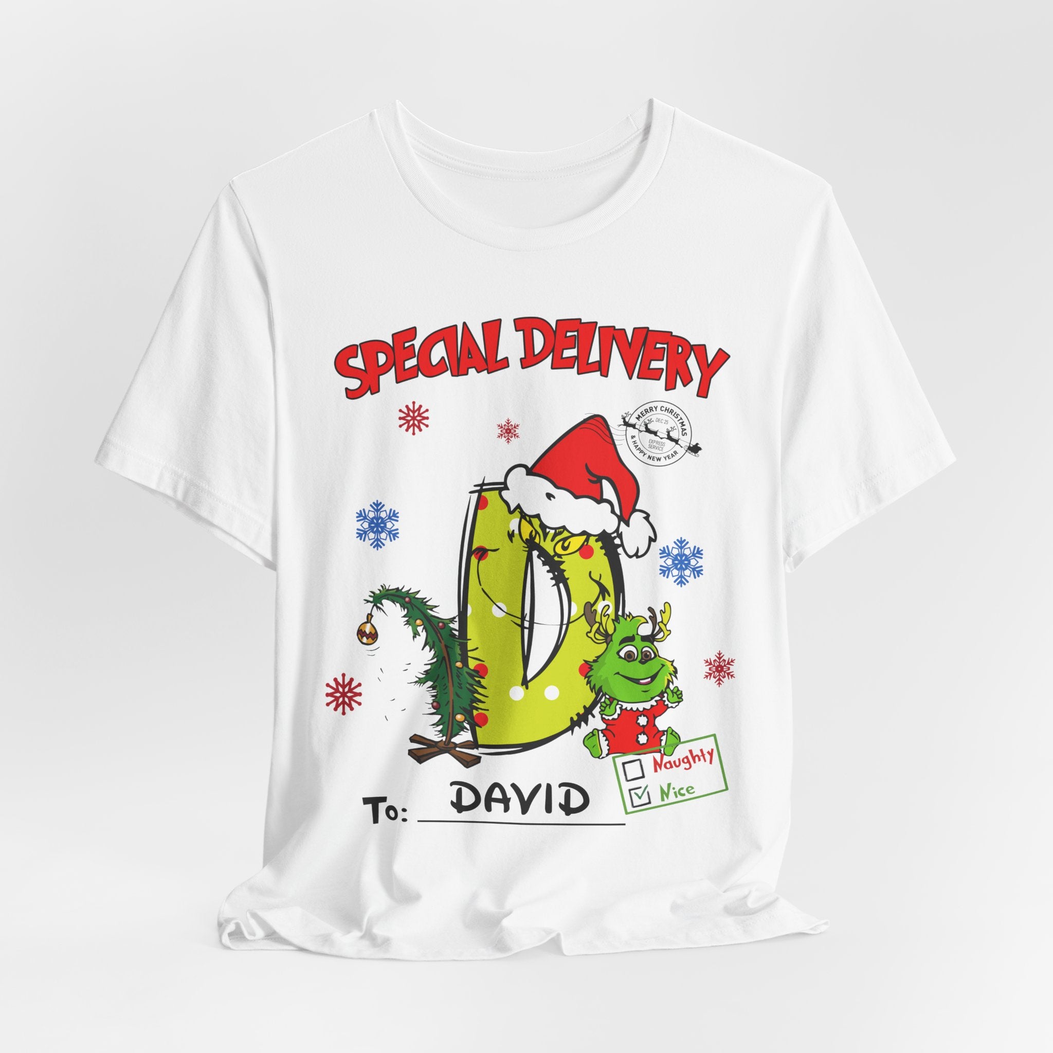 Special Delivery Christmas Letter Shirt – Personalized Name Tee, Custom Alphabet Xmas Gift, Naughty or Nice Check T-Shirt for Kids & Family