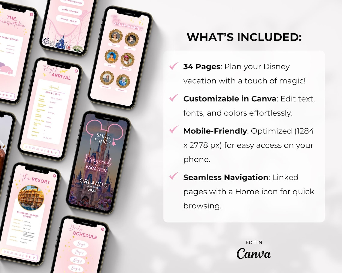 WDW Vacation Travel Digital Itinerary, Family Travel, Travel Agent Agency, Trip Itinerary, WDW Mobile Itinerary, Travel Guide, Canva